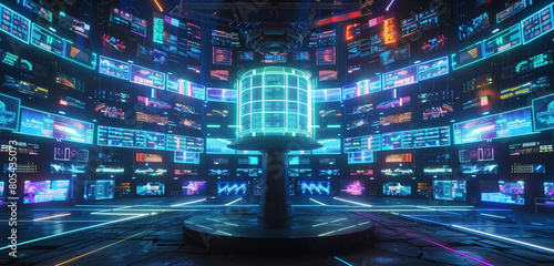 A virtual reality arena, designed as a cyberpunk coliseum, with layers of neon lights and digital screens. The central pedestal is the focal point, where virtual gladiators clash in epic battles, 