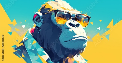 Gorilla wearing sunglasses on a yellow background with colorful geometric shapes