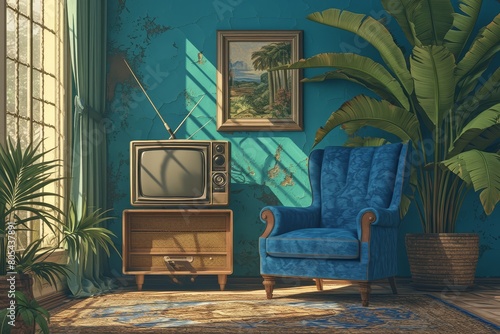 Vintage style television set in an old-fashioned living room with classic furniture and decor, featuring retro colors like teal walls and warm lighting