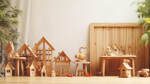 Card invitation background, A cluster of wooden houses perched on a wooden floor