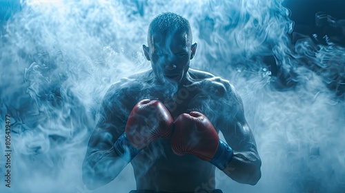 Boxing banner. Intense boxer readying for a fight amidst dramatic mist. sports themes and powerful narratives.