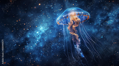 A jellyfish is floating in the sky above a starry background