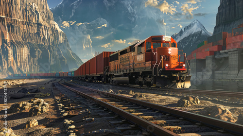 A train is traveling down a track with mountains in the background