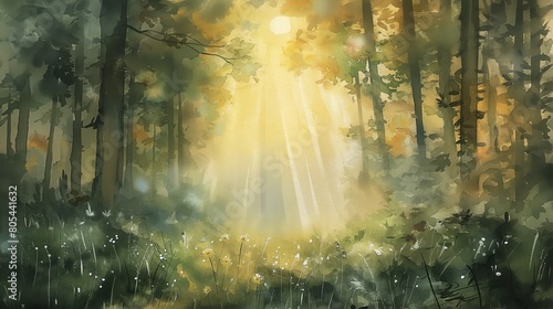 An intimate view of a sunrise misty forest, focusing on a small clearing with dew-covered undergrowth and soft rays of sun piercing the mist. AI generated