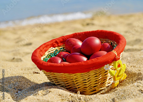 Greek Orthodox Easter eggs on the beach 