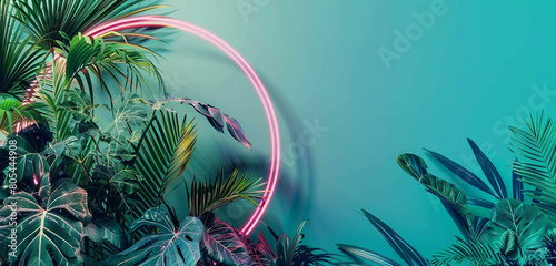 A stylish and contemporary design featuring a circular neon frame that softly illuminates a carefully curated selection of tropical plants. 