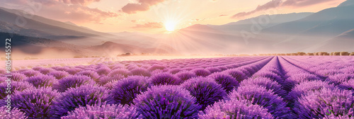 Sunset over a fragrant lavender field in Provence, highlighting the colorful and aromatic splendor of rural France