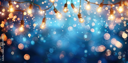 Festive background with hanging string lights and bokeh color. Generate AI image