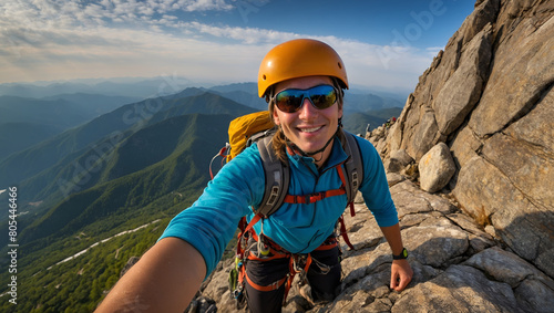 A man is climbing a mountain wearing a helmet and a blue jacket. He is smiling and taking a selfie
