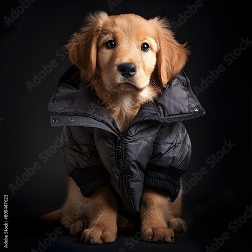 Portrait of golden retriever puppy dressed in jacket on black background
