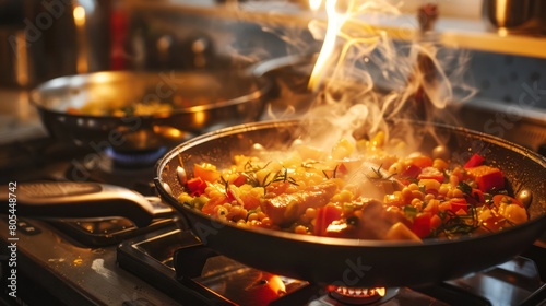 A delicious stir-fry dish is being cooked in a pan with vegetables visible among flames, smoke wafting up