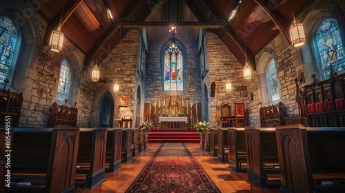 An intimate church altar flanked by vivid stained glass, exuding a warm, welcoming atmosphere