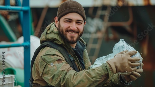 Smiling Young Man in Winter Gear Volunteering for Environmental Cleanup. Generative ai