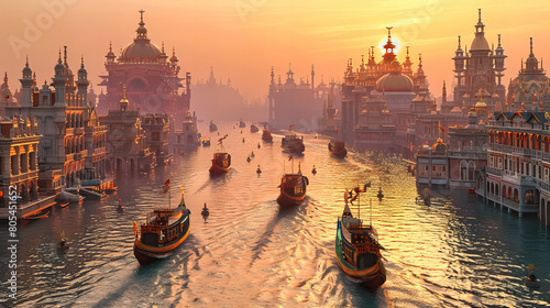 Sunset Over Venetian Canal, Iconic Venetian Architecture and Gondolas in a Serene Setting