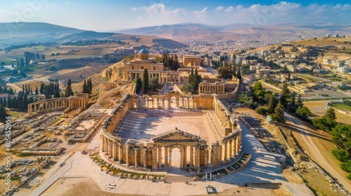 Aerial view of ruins of a wonderful Roman amphitheater in ruins during the day in high resolution and high quality. concept of antiques, buildings, Jordan, Italy