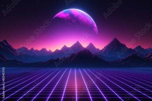 Mountain range against giant moon in synthwave style
