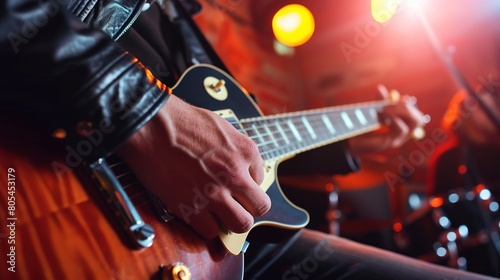 Guitar player energetic solo on dark stage