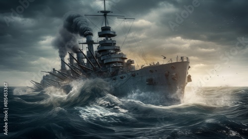 War expedition in the sea with missouri battleship warships , sharp focus, intricate, diorama, omunious atmosphere,detailed illustration, beautiful color palette, incredible details.