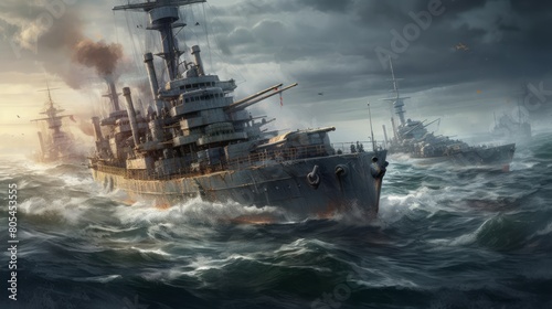 War expedition in the sea with missouri battleship warships , sharp focus, intricate, diorama, omunious atmosphere,detailed illustration, beautiful color palette, incredible details.