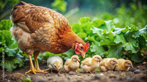A mother hen, accompanied by her adorable chicks, takes a leisurely stroll around the backyard of a home farm. They peck at the ground near a rustic wooden fence and lush green plants. 
