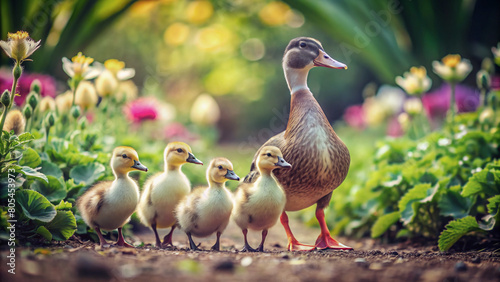 A mother duck and her adorable ducklings take a leisurely stroll through a verdant vegetable garden on a home farm. The image captures the charming interplay of farm life and wildlife.