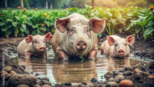  Pig Family Frolics at the Farm. A delightful scene unfolds as a mother pig and her piglets revel in a mud puddle on a home farm. 