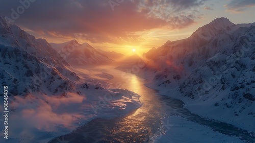 Journey through a world of frozen wonder, where mountains stand sentinel over meandering rivers, their icy peaks glistening in the golden light of dawn. 
