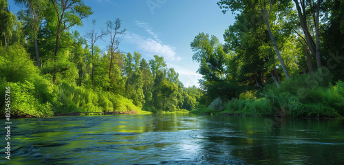 A serene river bend, flanked by towering trees and underbrush in varying shades of green. The river's smooth surface reflects the sky, 