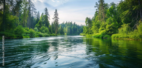A serene river bend, flanked by towering trees and underbrush in varying shades of green