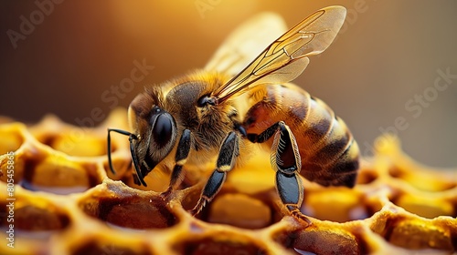 Closeup of a honeybee pollinating a flower on a honeycomb