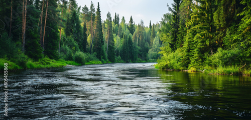 A serene river bend, flanked by towering trees and underbrush in varying shades of green. 