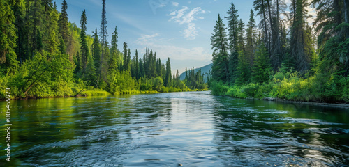 A serene river bend, flanked by towering trees and underbrush in varying shades of green. The river's smooth surface reflects the sky, 