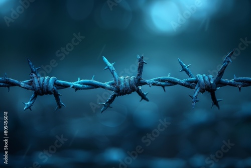 Rusty barbed wire isolated focused with a bokeh blue background that accentuates the texture and age of the object