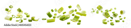 Set of Falling leek slices, chopped green onion isolated on white background
