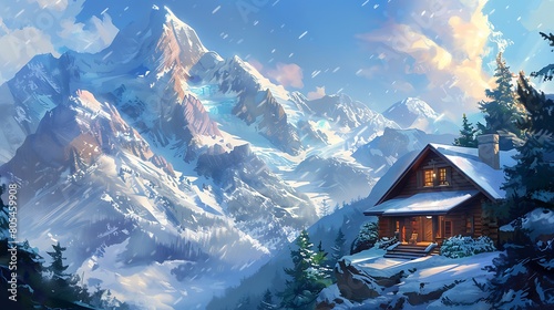 Surrounded by towering peaks, a cozy chalet stands in silent contemplation, its windows framing a breathtaking panorama of snow-capped mountains and endless sky, a haven for the restless spirit.