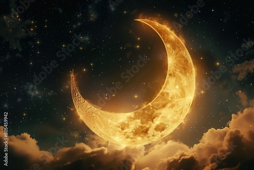 Golden crescent moon against starry sky symbolizing Islamic holidays.