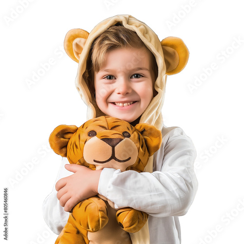 Mała dziewczynka ubrana w kostium tygrysa trzyma w rękach pluszowe zwierzątko