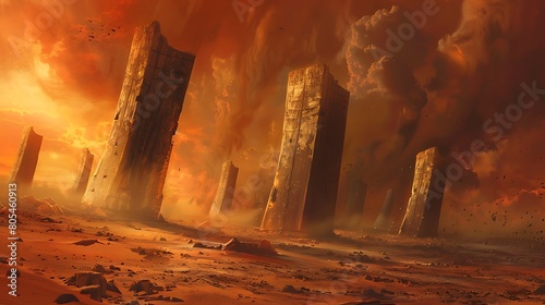 The desert floor is strewn with ancient relics, their weathered surfaces bearing witness to the passage of time. Against the backdrop of a fiery sunset, they stand as silent sentinels,
