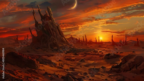 The desert floor is strewn with ancient relics, their weathered surfaces bearing witness to the passage of time. Against the backdrop of a fiery sunset,
