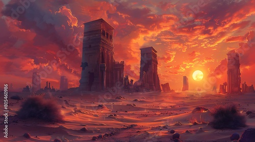 The desert floor is strewn with ancient relics, their weathered surfaces bearing witness to the passage of time. Against the backdrop of a fiery sunset, they stand as silent sentinels