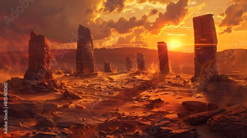 The desert floor is strewn with ancient relics, their weathered surfaces bearing witness to the passage of time. Against the backdrop of a fiery sunset, .