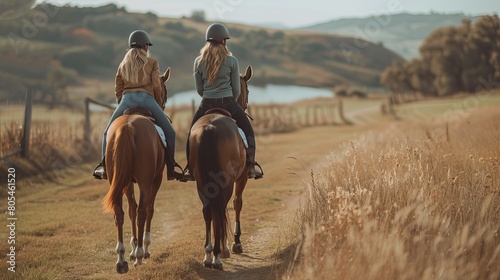 Two Girls Horseback Riding in Countryside