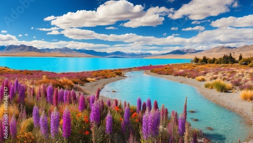 Lake Tekapo, New Zealand. Landscape with lake and flowers, New Zealand