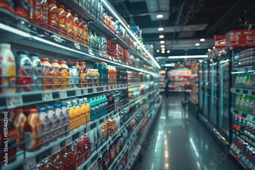Food products displayed on long shelves in a grocery store