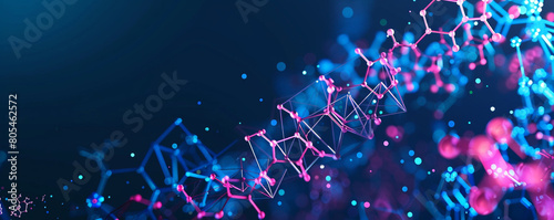 High-tech molecular structures against a dark indigo background vibrant polygons interlinking in a display of advanced scientific innovation.