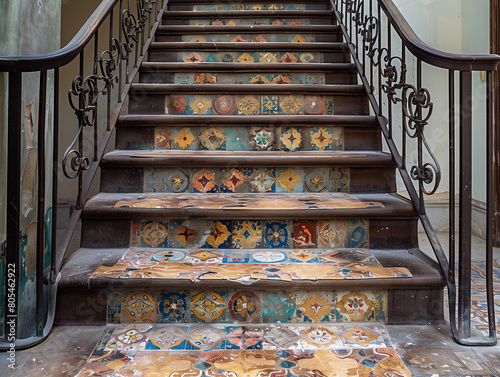 Escalier ancien en bois avec une rampe élégante en fer forgé, faïence antique au sol