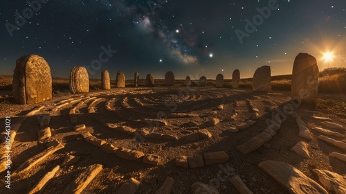A large circle of stones with a large moon in the sky. The moon is surrounded by stars