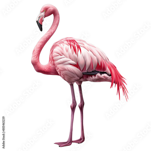 Różowy flaming stojący na dwóch nogach, wznosząc swoje ciało w górę. Ptak prezentuje elegancką postawę i wygląda dumnie