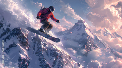 A breathtaking digital illustration showcasing a snowboarder skillfully descending a snowy mountain with a vivid, picturesque sunset backdrop