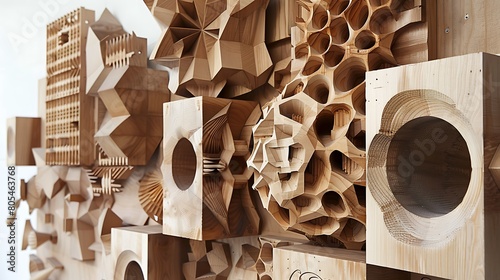 Wooden art installation featuring geometric shapes and intricate detailing, creating visual intrigue against a white backdrop.